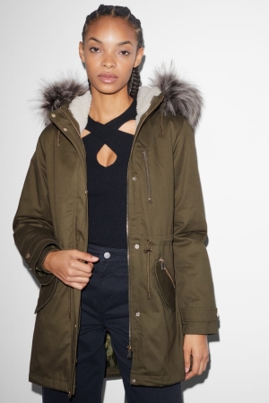 Bundy C&A Clockhouse Parka With Hood And Faux Fur Trim Zimná Damske Tmavo Zelene | 5892ZGHPN