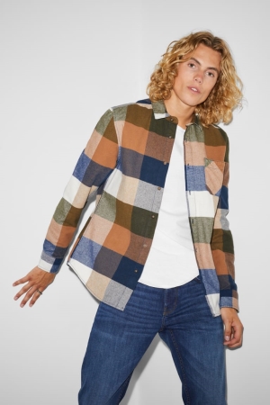 Kosele C&A Clockhouse Flannel Regular Fit Kent Collar Check Panske Hnede Modre | 8560OFHCL