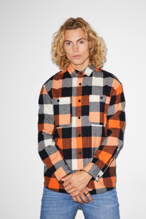 Kosele C&A Clockhouse Relaxed Fit Kent Collar Check Panske Oranžové Tmavo Modre | 8516EMBJT