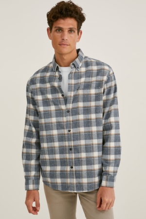 Kosele C&A Flannel Regular Fit Button-down Collar Check Panske Biele Siva | 2534ZGMLW