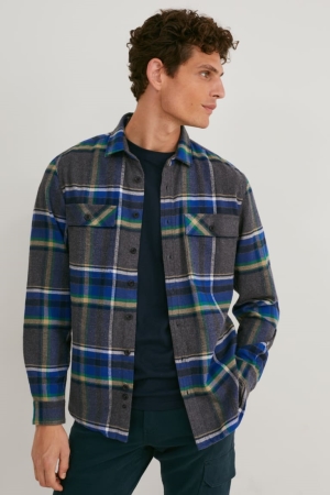 Kosele C&A Flannel Regular Fit Kent Collar Check Panske Siva | 5913ESRPI