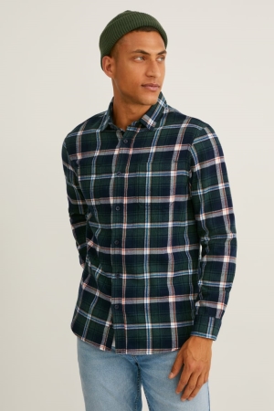 Kosele C&A Flannel Regular Fit Kent Collar Check Panske Tmavo Zelene Biele | 6785NHRTC