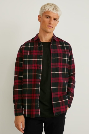 Kosele C&A Flannel Regular Fit Kent Collar Check Panske Červené Čierne | 7068QEXCY