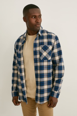 Kosele C&A Flannel Regular Fit Kent Collar Check Panske Modre Béžové | 7590VTQBK