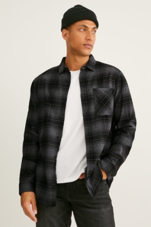 Kosele C&A Flannel Regular Fit Kent Collar Check Panske Tmavo Siva | 9073ZKIEA