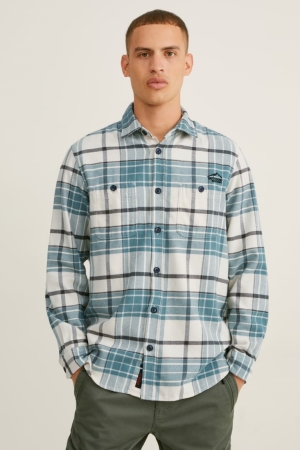 Kosele C&A Flannel Regular Fit Kent Collar Check Panske Zelene Biele | 9805WYLQS