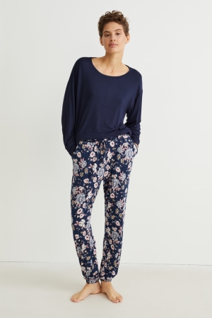 Nočná Bielizeň C&A Pyjamas Floral Damske Tmavo Modre | 3814MALEW