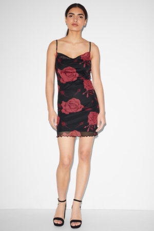 Saty C&A Clockhouse Bodycon Floral Damske Čierne | 7629KTZBR