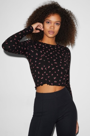 Topy C&A Clockhouse Cropped Long Sleeve Floral Damske Čierne | 9783KPOGD