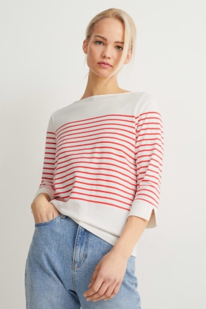 Topy C&A Long Sleeve Pruhované Damske Biele Červené | 2987ODIMW