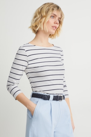 Topy C&A Long Sleeve Pruhované Damske Biele | 4637BYWQS