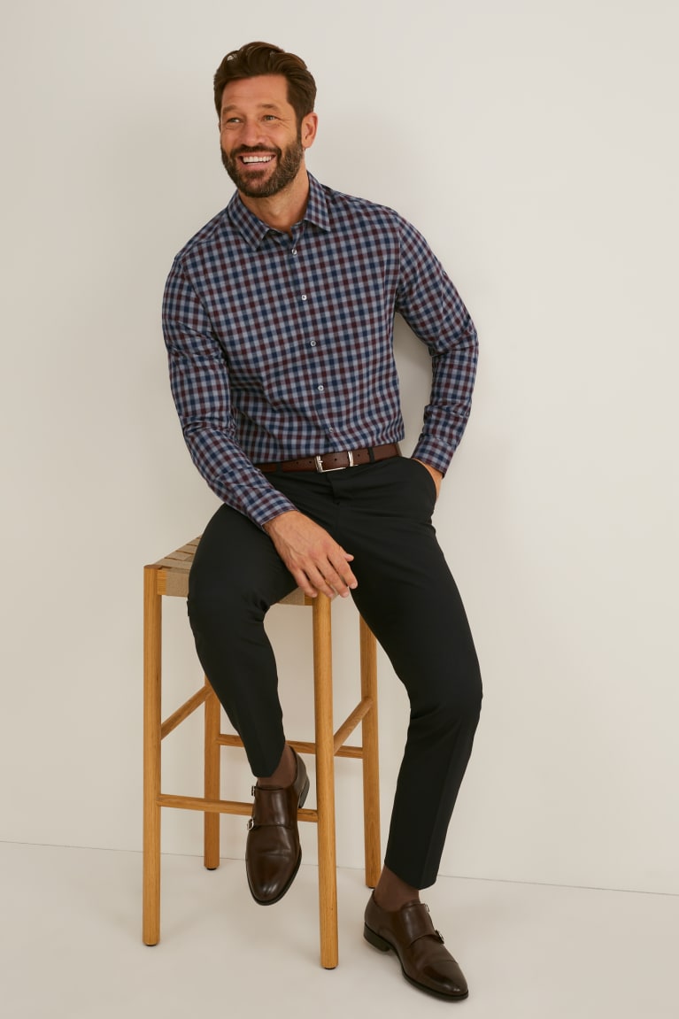 Kosele C&A Business Slim Fit Kent Collar Check Panske Siva Tmavo Červené | 9524WZPHR