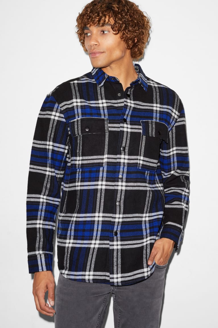 Kosele C&A Clockhouse Flannel Relaxed Fit Kent Collar Check Panske Modre Čierne | 9165JWDAC