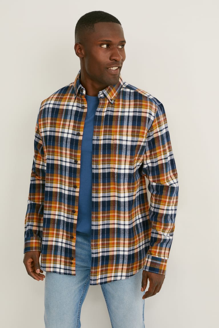 Kosele C&A Flannel Regular Fit Button-down Collar Check Panske Oranžové Tmavo Modre | 1624RACIJ