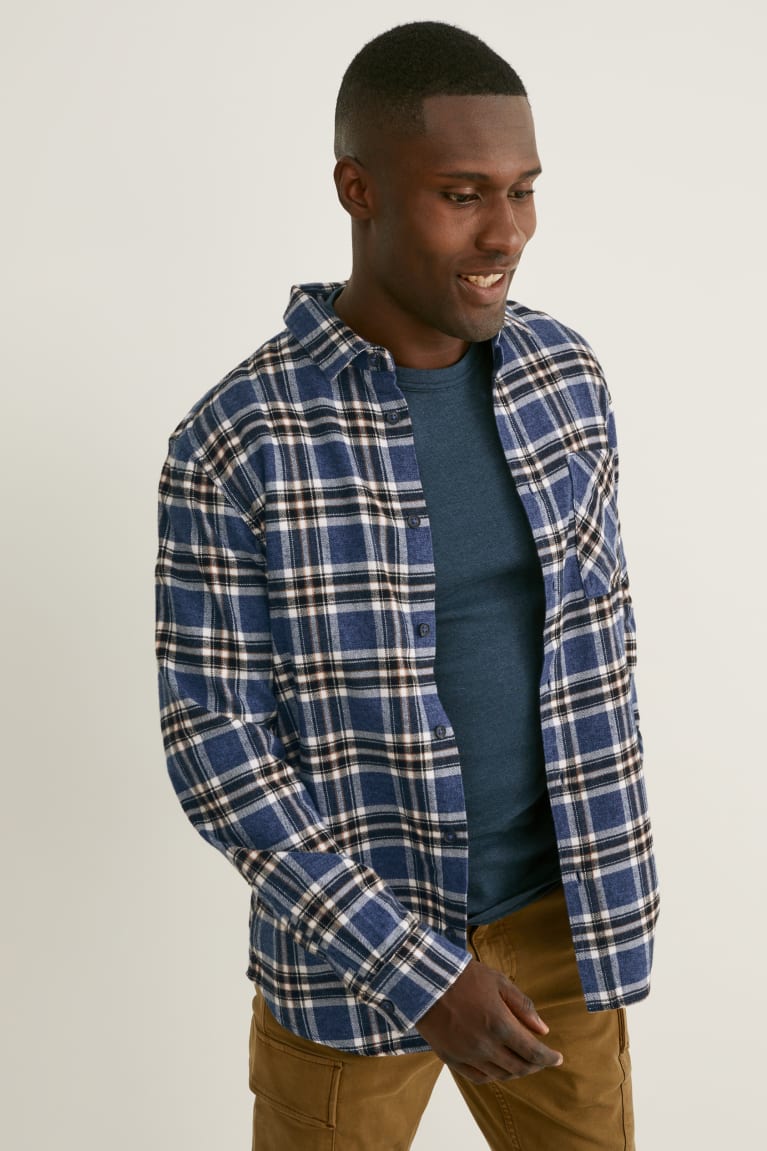 Kosele C&A Flannel Regular Fit Kent Collar Check Panske Tmavo Modre Biele | 0832JEAFB