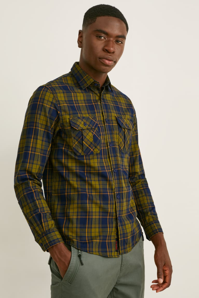 Kosele C&A Flannel Regular Fit Kent Collar Thermolite® Check Panske Tmavo Zelene | 2086VWGEO