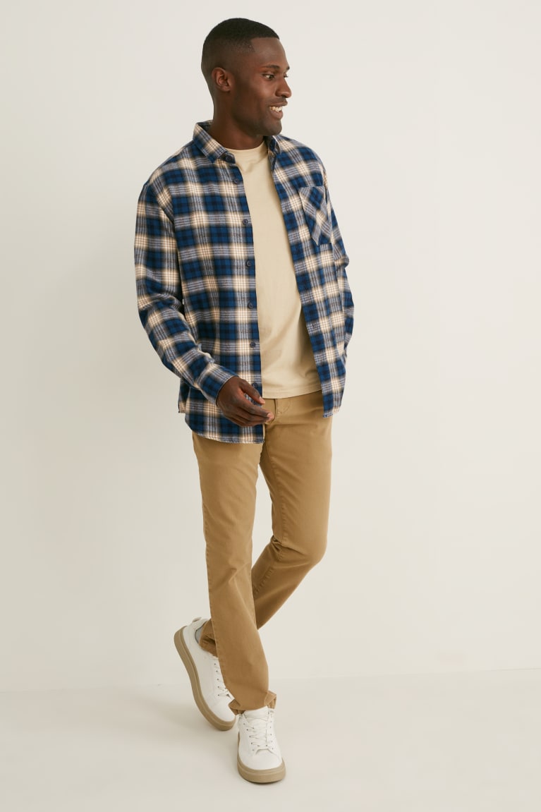 Kosele C&A Flannel Regular Fit Kent Collar Check Panske Modre Béžové | 7590VTQBK