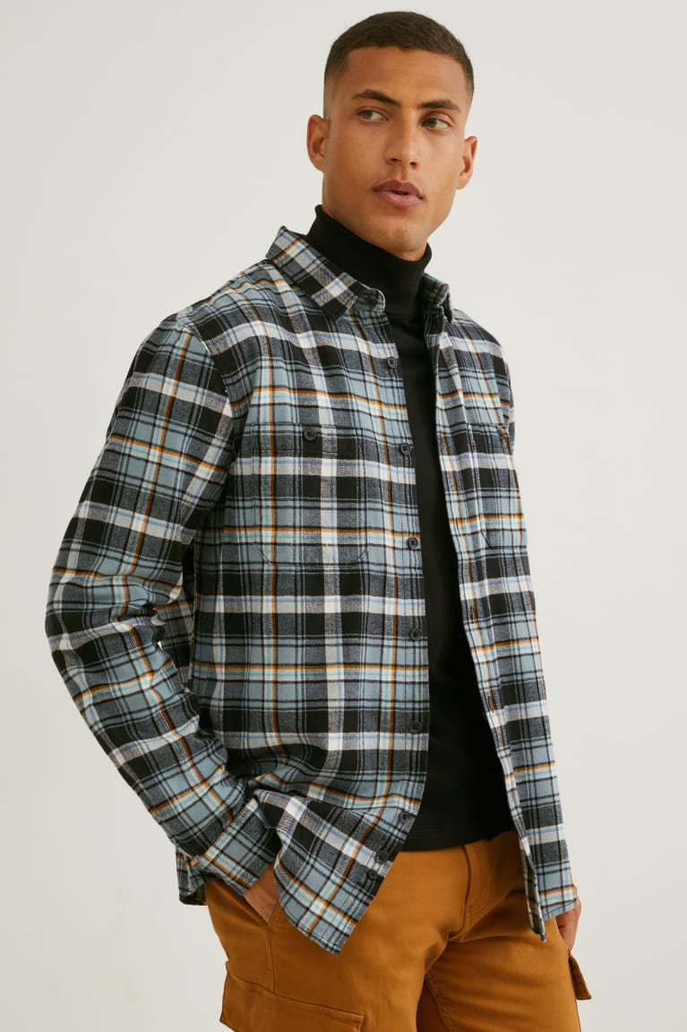 Kosele C&A Flannel Regular Fit Kent Collar Check Panske Tmavo Zelene Siva | 8953FMKWH