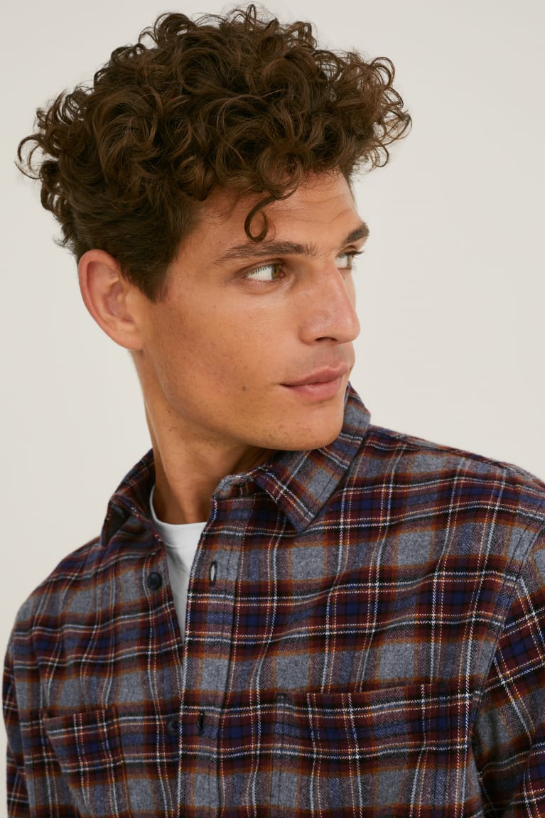 Kosele C&A Flannel Regular Fit Kent Collar Check Panske Siva Tmavo Červené | 9254YQGIE