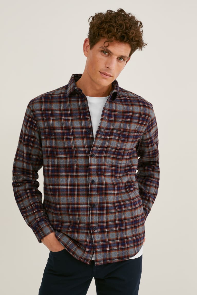 Kosele C&A Flannel Regular Fit Kent Collar Check Panske Siva Tmavo Červené | 9254YQGIE