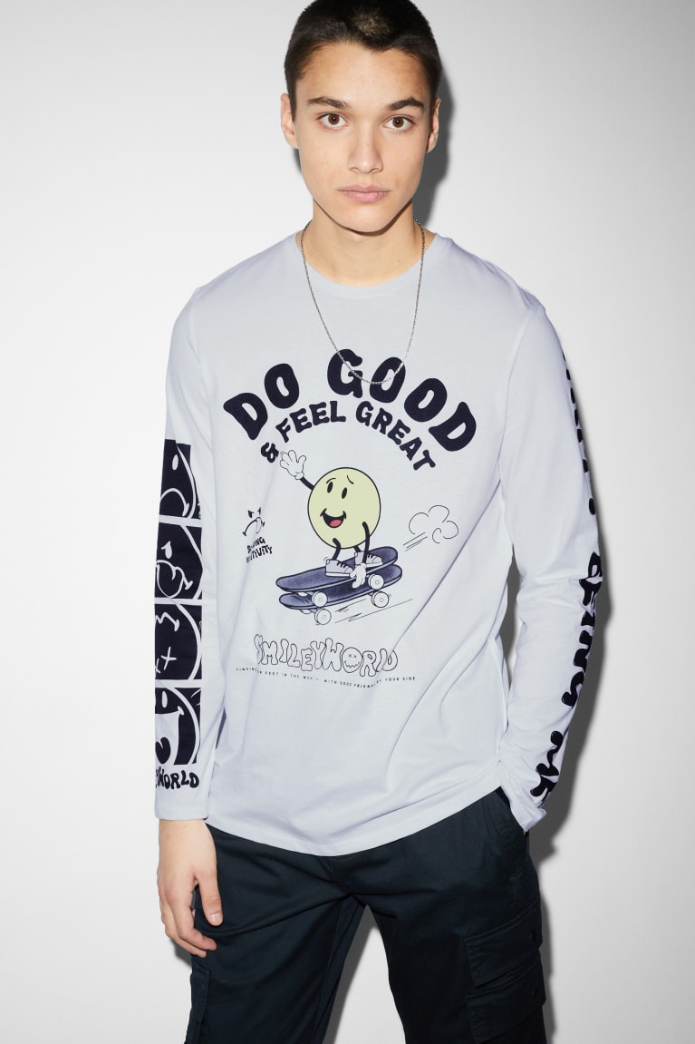 Topy C&A Long Sleeve Smileyworld® Panske Biele | 8137VHFNA